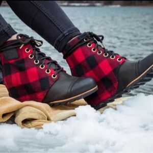 Sorel Joan Joanie PDX Wedge Ankle Boots Booties 8.5 Lace Buffalo Plaid Red EUC